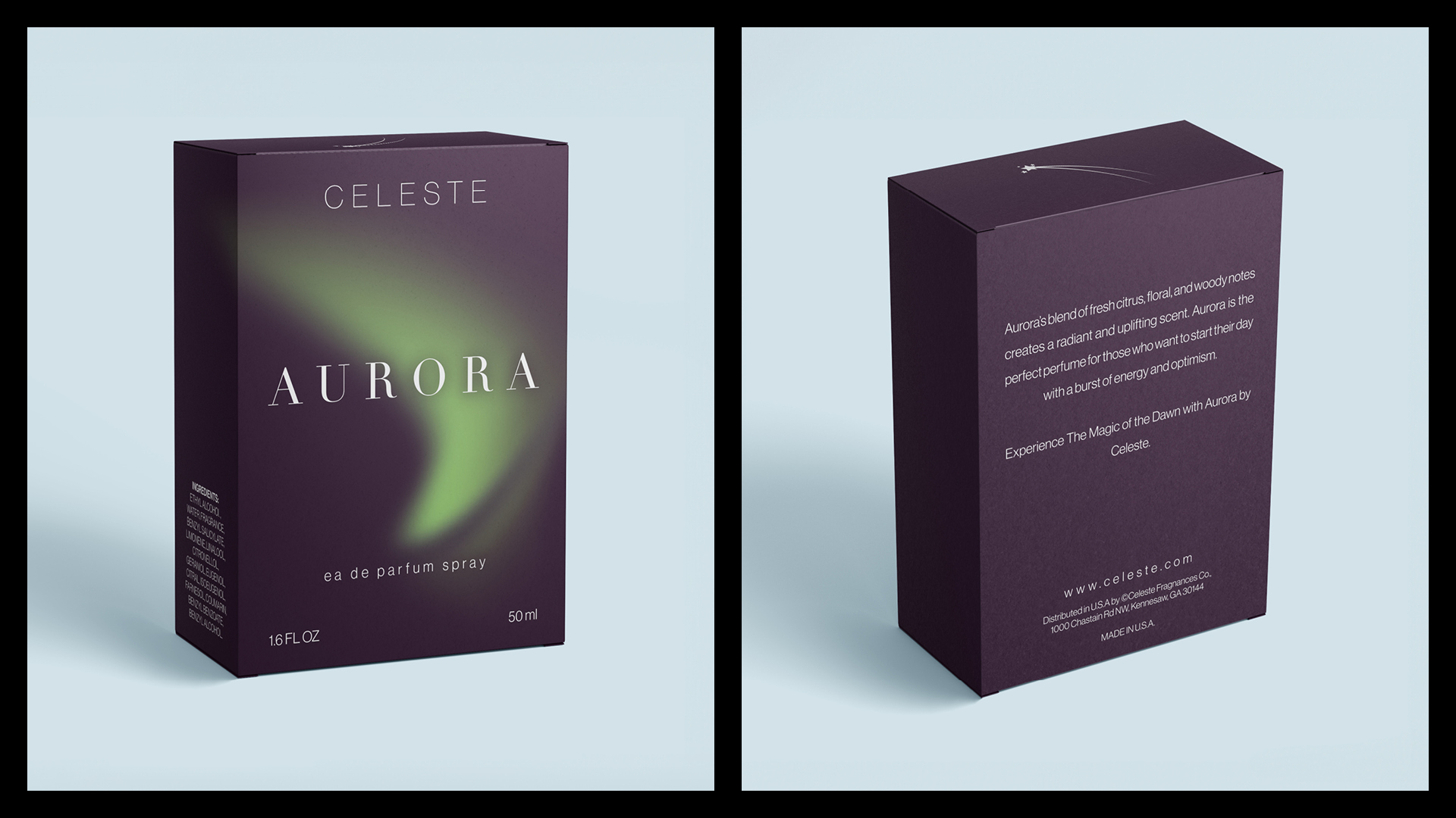 Aurora by Celeste / "Aurora by Celeste," product packaging, 4.25 x 3 x 1.5 inches product, 2024. This packaging showcases a self-created fictional perfume, Aurora, by Celeste.