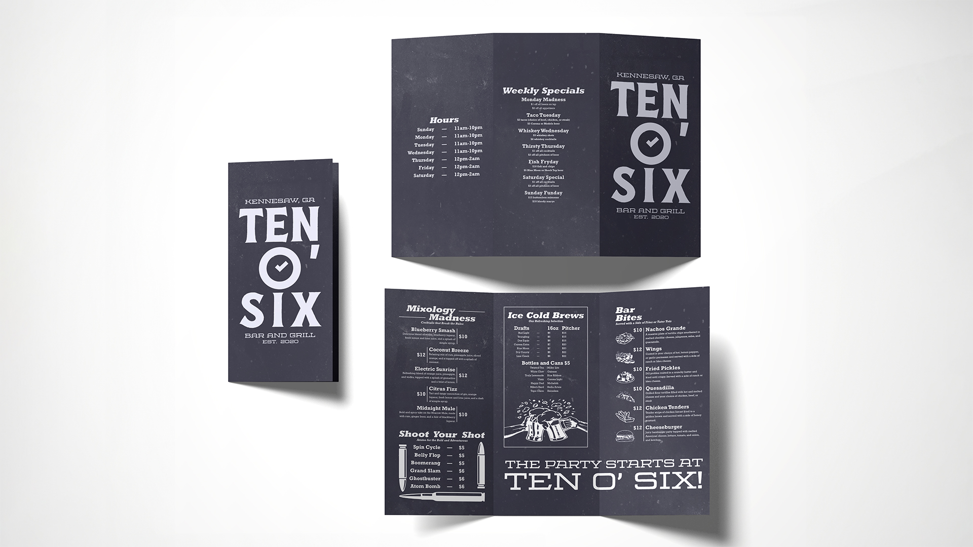 Ten O' Six / "Ten O' Six," restaurant menu, 12 x 8 inches print, 2023. This trifold menu lists the products and displays the atmosphere of a self-created fictional restaurant.

