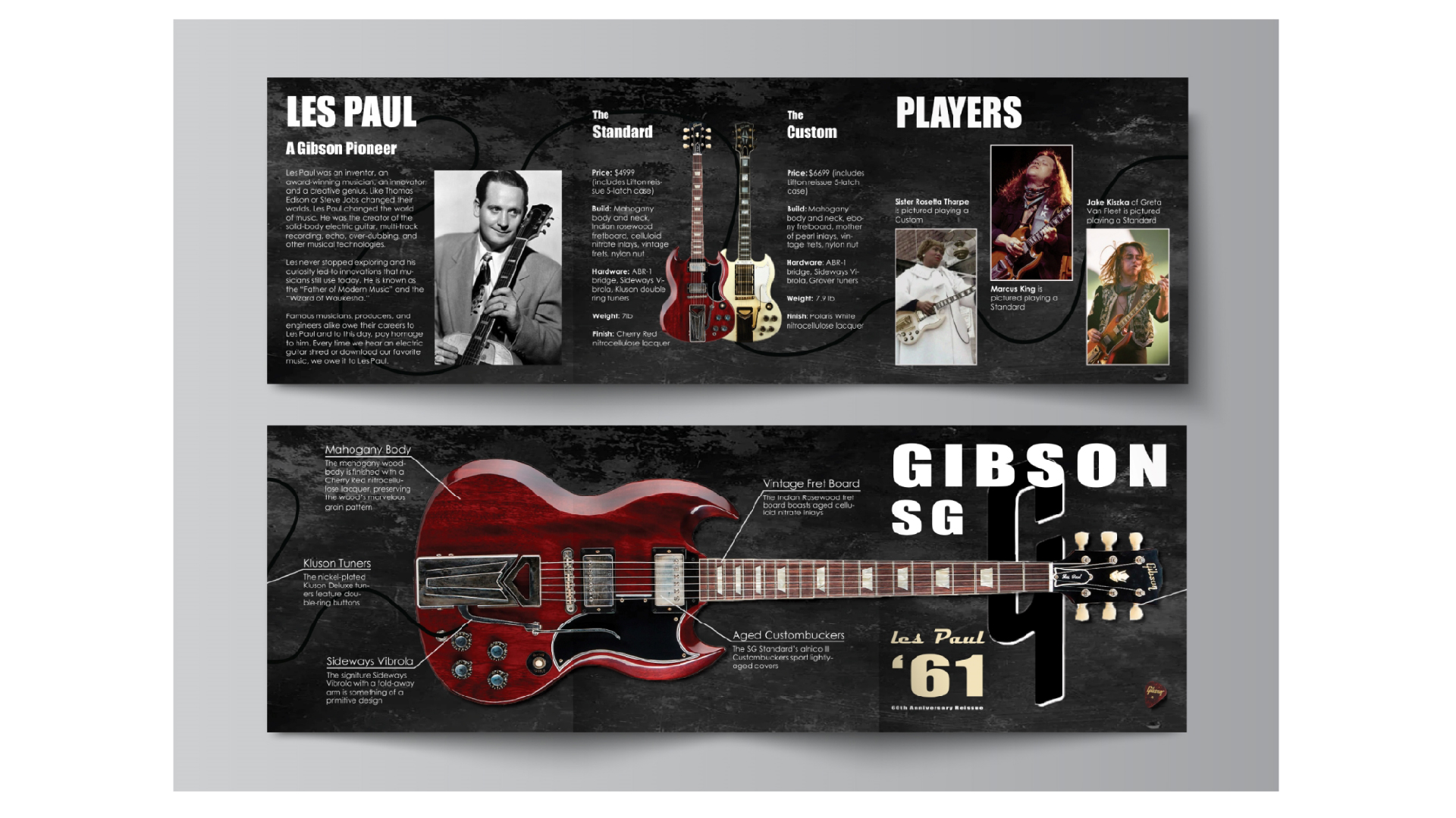 Gibson SG 1961 Reissue / “Gibson SG 1961 Reissue,” tri-fold info brochure, 8 x 8 (folded), 24 x 8 (unfolded), 2023. This brochure provides information on the reissued 1961 Gibson SG guitar. The brochure also opens into a poster.