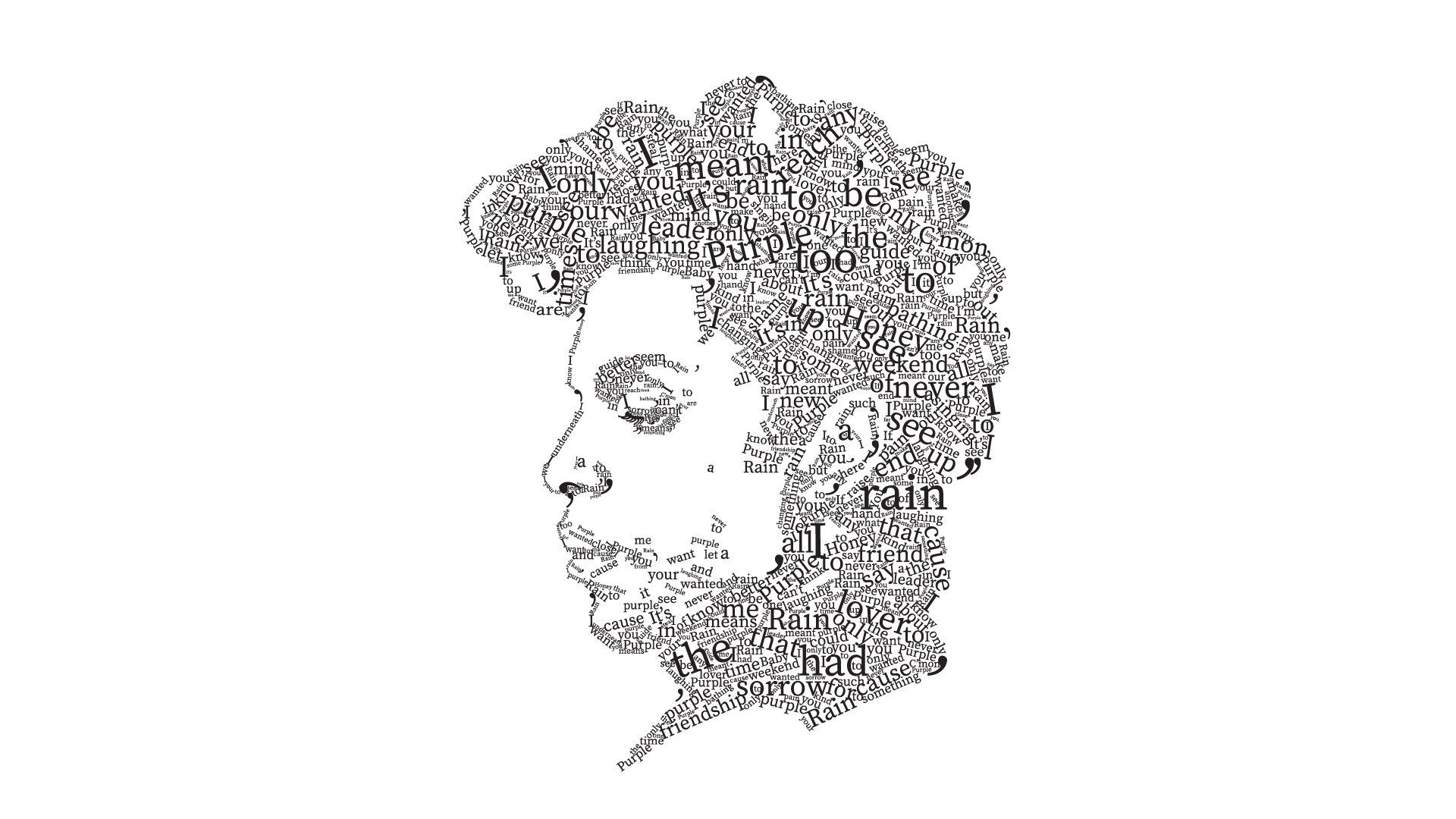 Purple Rain / “Purple Rain,” typographic portrait, 11 x 17, 2022. This portrait of Prince is created out of the lyrics of his song Purple Rain.
