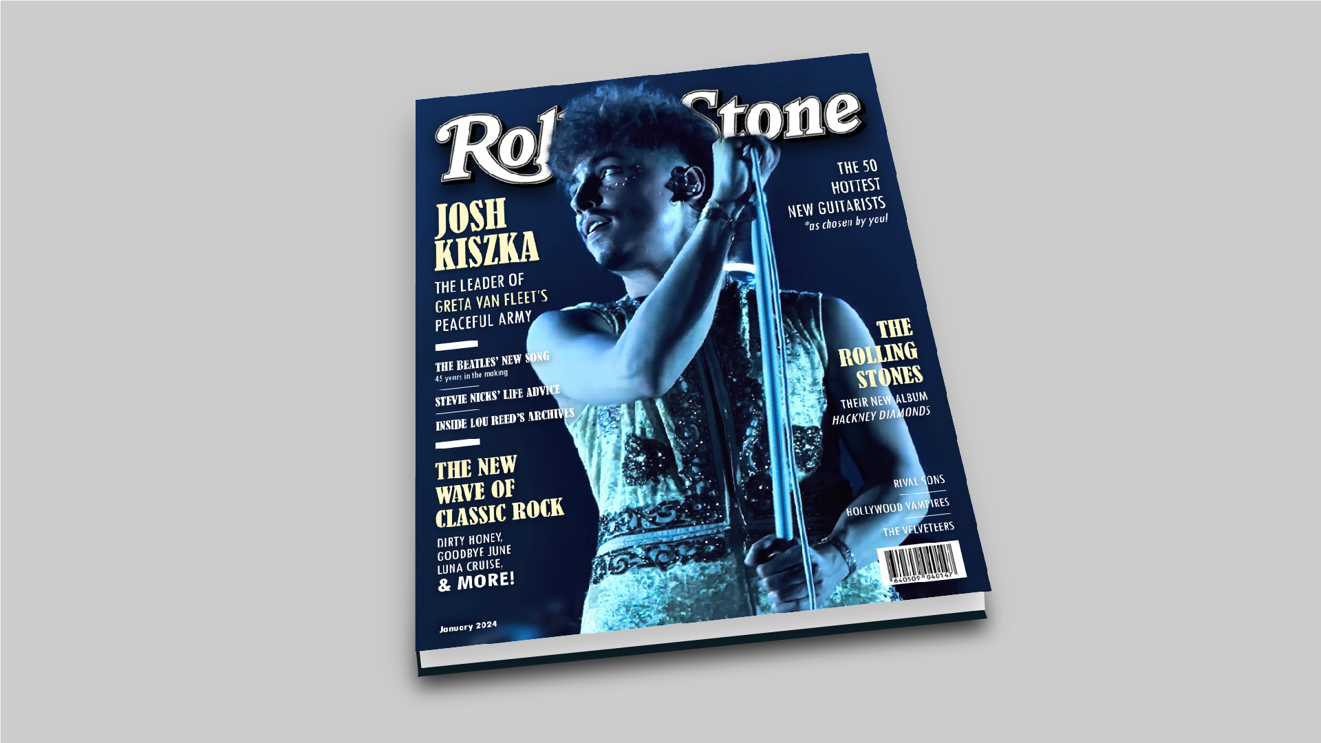 Rolling Stone / “Rolling Stone,” magazine redesign, 10 x 12, 2023. This is a concept for a Rolling Stone magazine cover. It contains headlines of new and old musicians and bands.