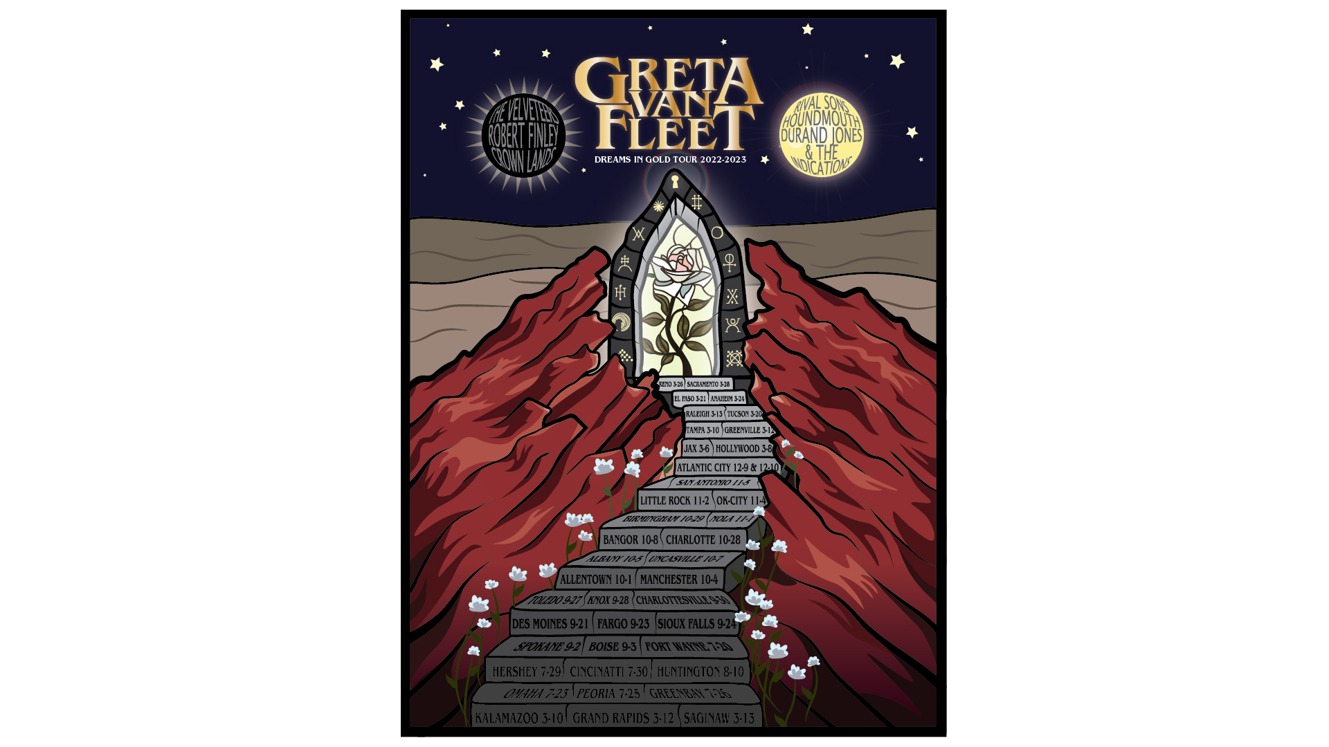 Dreams In Gold Tour / “Dreams In Gold Tour,” poster concept, 18 x 24, 2023. This poster includes the U.S. tour dates for Greta Van Fleet’s Dreams In Gold Tour. It is meant to be a collectible/memorabilia poster for fans.