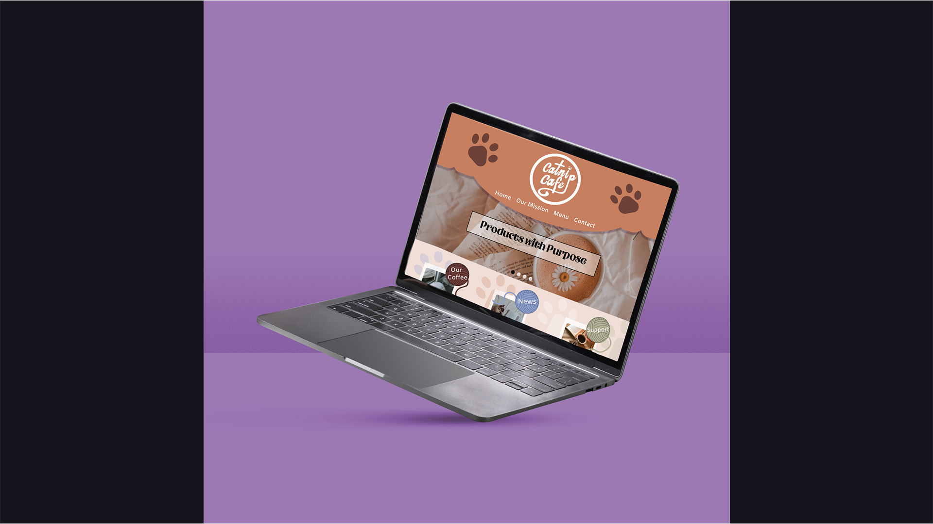 Catnip Cafe UI / “Catnip Cafe UI,” website design in Figma and Adobe Illustrator, 2023. Homepage for Catnip Cat Cafe, featuring menu, donations, and lots of cats.