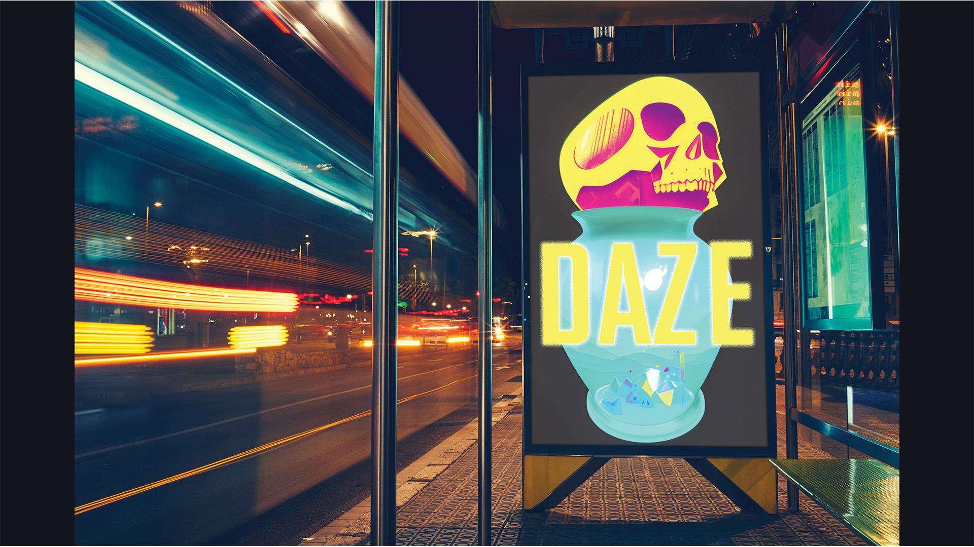 DAZE / “DAZE,” poster design in Autodesk Sketchbook and Adobe Photoshop, 14 x 18 inches printed poster, 2023. Still life study stylized into poster design.