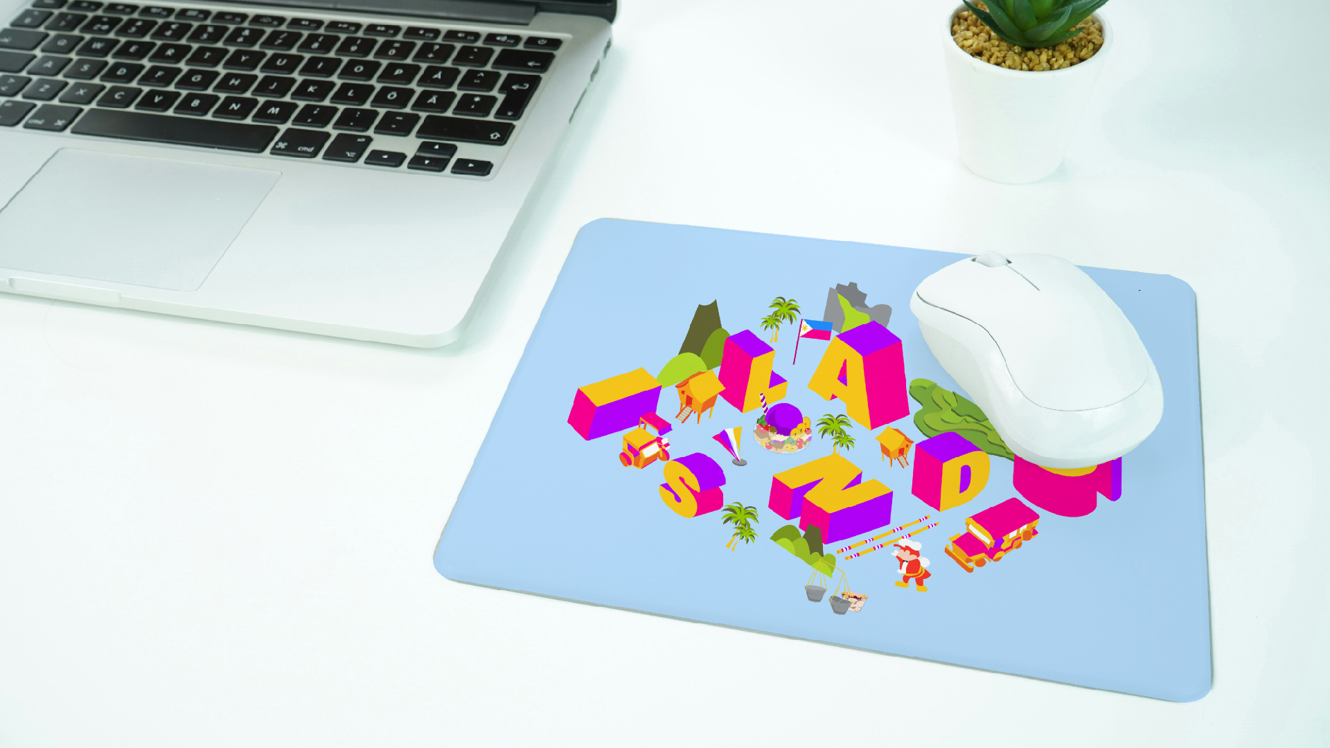 Isometric Islands / “Isometric Islands,” Mousepad, 9 x 8 inches, 2022. Isometric style lettering with vectorized icons representing the Philippines to express the Philippines culture.