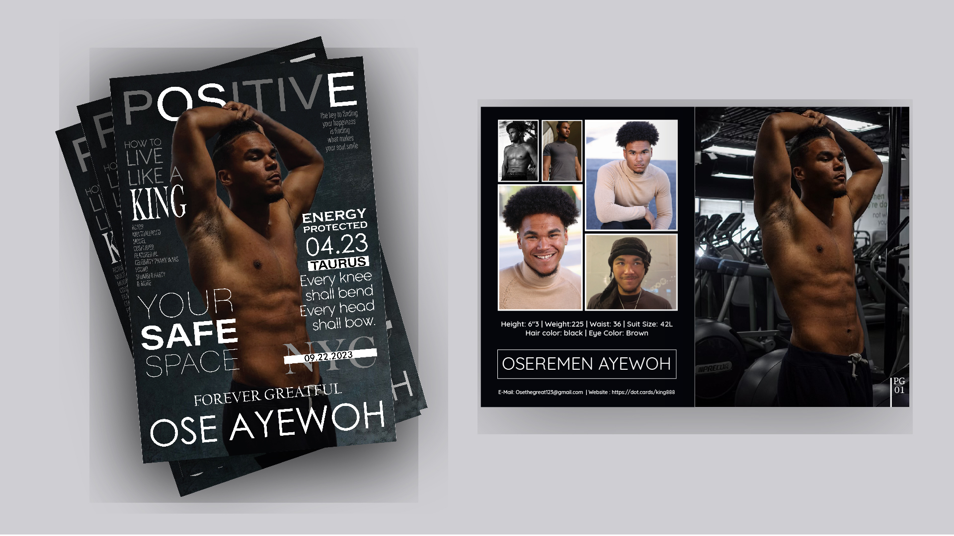 OPositive / “OPositive,” Magazine, 8.5 x 11 inches, print ad, 2023. Magazine of model, Oseremen Ayewoh, advertising their photoshoots and contact information.