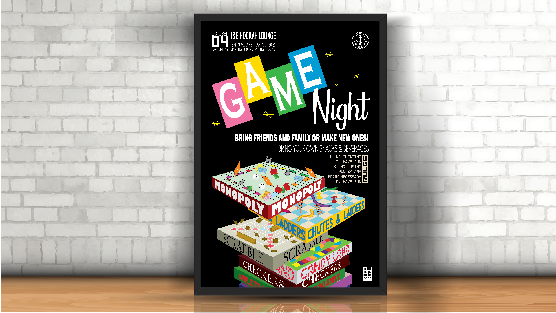 Game Night / “Game Night,” Event Poster, 11 x 17 inches, print ad, 2023. Advertising a hookah lounge event with the main focus being around board games.