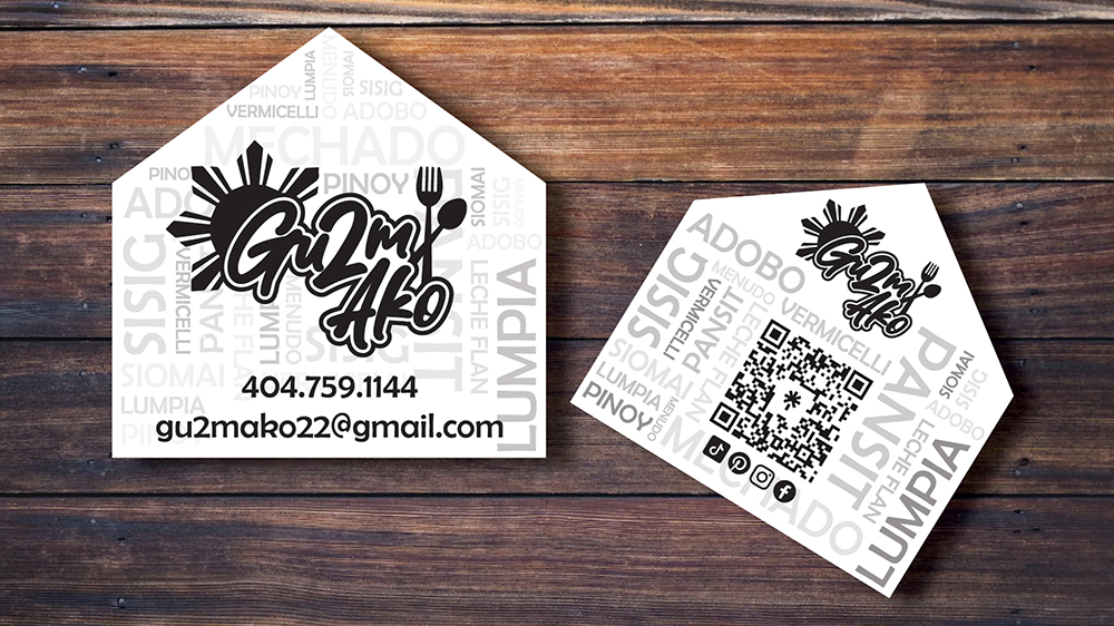 Gu2m Ako / “Gu2m Ako,” Business Cards, 3 x 3 inches, stationary cards, 2023. Filipino food catering business cards to show food examples and contact information.