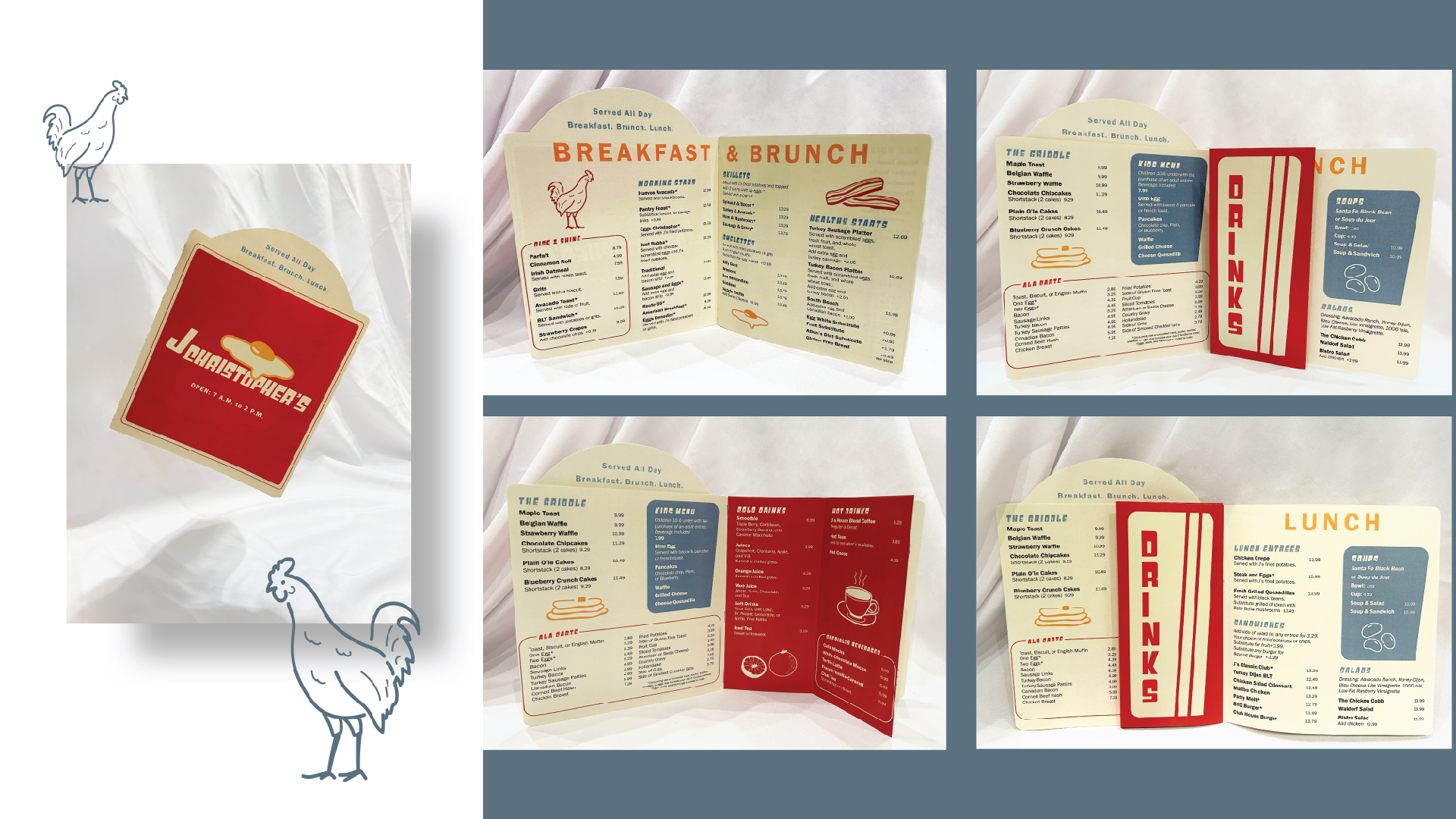 J Christopher's Menu Redesign / "J Christopher's Menu Redesign," restaurant menu, 8 x 5.75 inches print menu, 2023. Redesign of J Christopher's menu meant to be easier to read and more interactive.