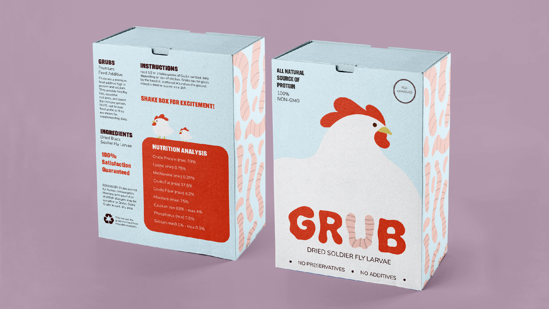 Grub / "Grub," chicken worms packaging, 5 x 6.25 x 2 inches print box, 2023. Playful packaging for the brand "Grub" which sells dry fly larvae for chickens.