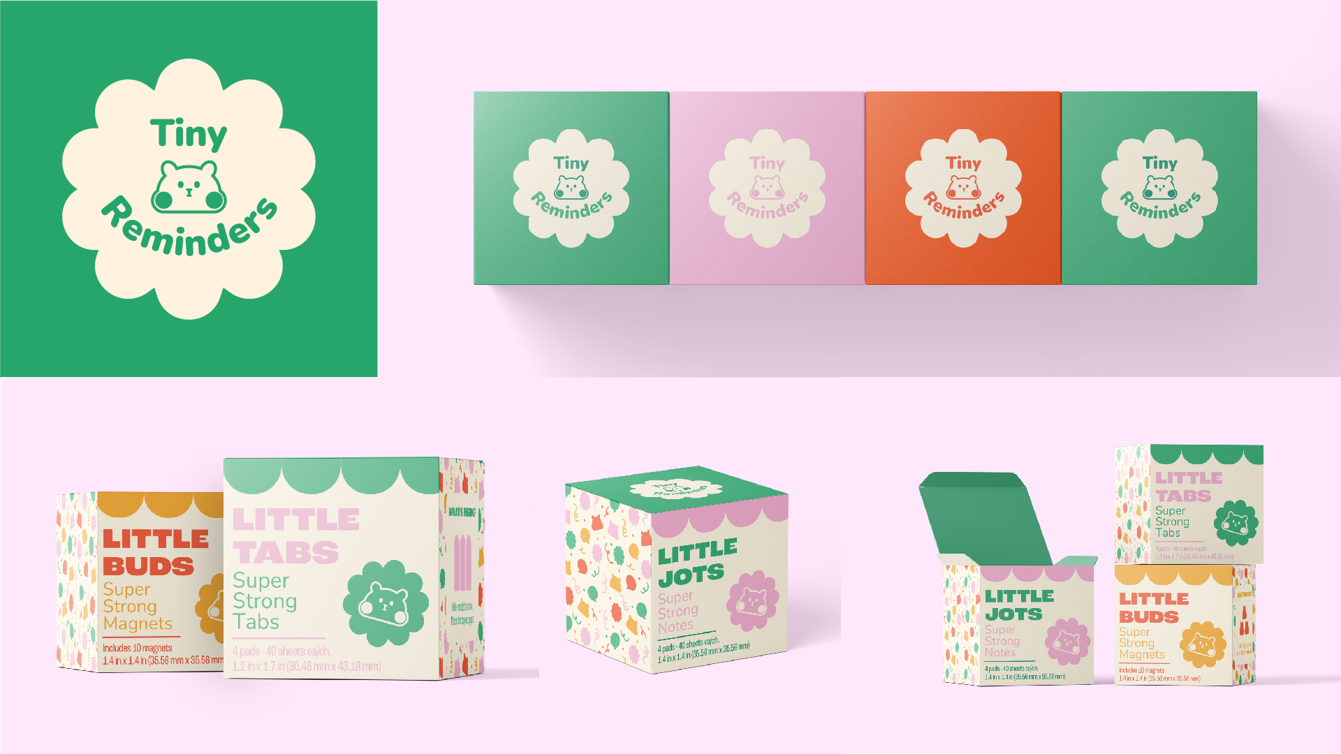 Tiny Reminders / "Tiny Reminders," box packaging, 2 x 2 x 2 inches print boxes, 2023. Trio box set design for stationary.