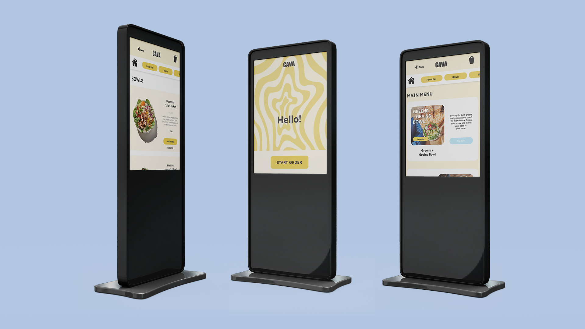 Cava Kiosk / "Cava Kiosk," UX/UI design, 2023. Self-serve kiosk design for Cava to use in their restaurant for placing orders.