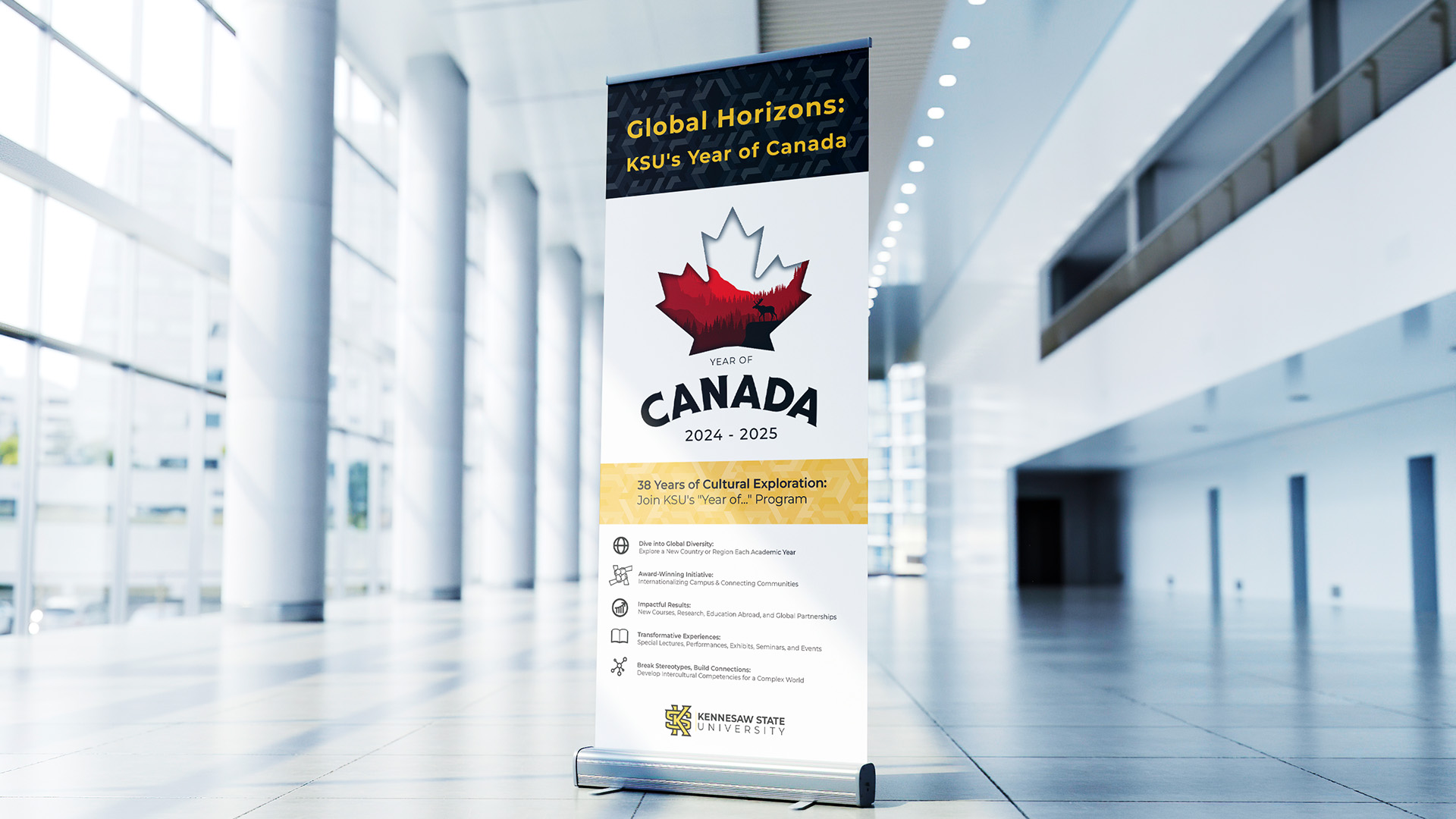 Year of Canada / “Year of Canada,” Print banner ad, 33 inches x 81 inches, 2024. This banner design advertises for Kennesaw State’s “Year of Canada” program that encourages cultural exploration.