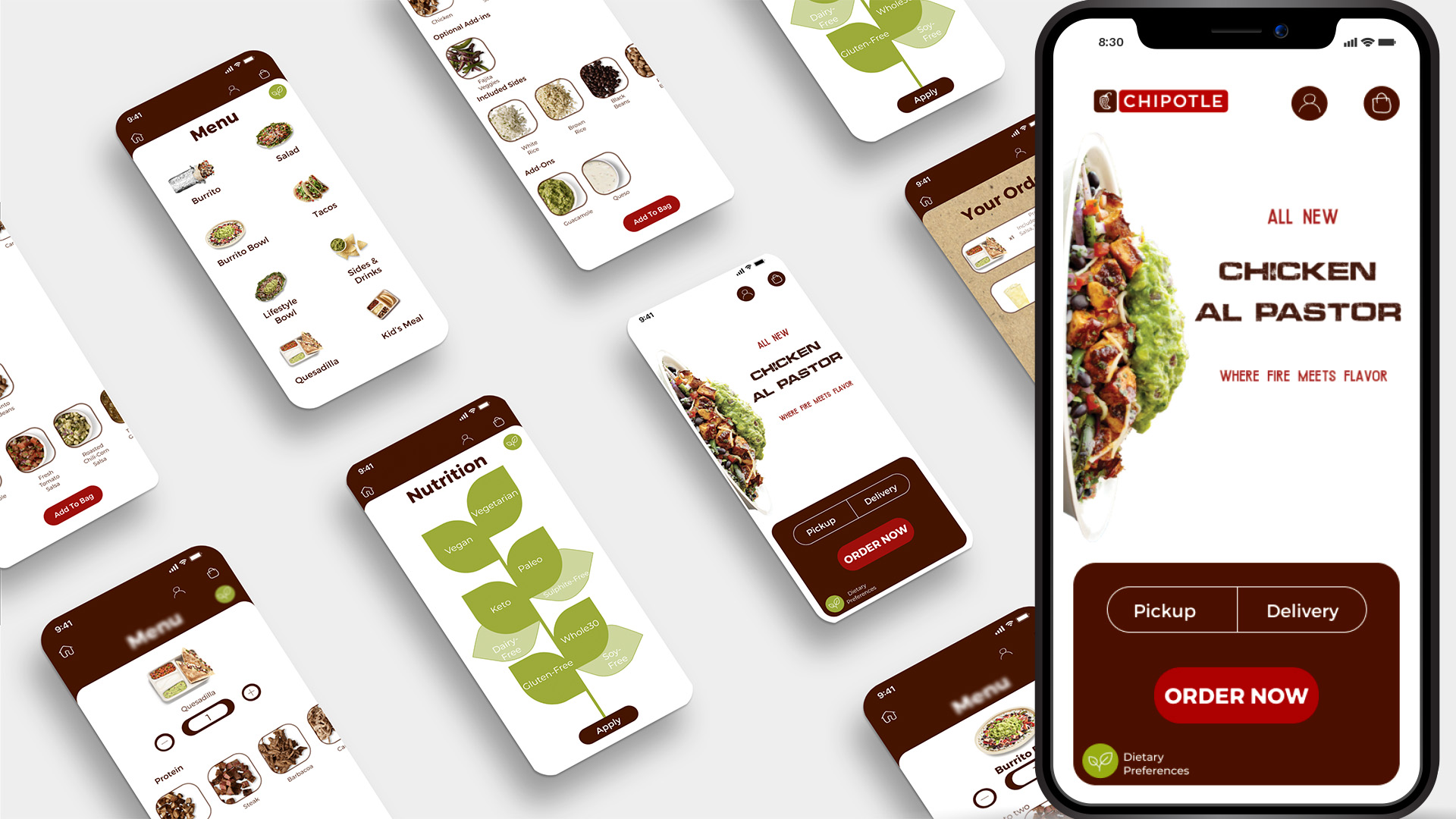 Chip-App / “Chip-App,” Webb app, 390 pixels x 844 pixels, 2023. This app, prototyped in Figma, aims to redesign Chipotle’s current app to make it easier to use while staying consistent with branding guidelines. 