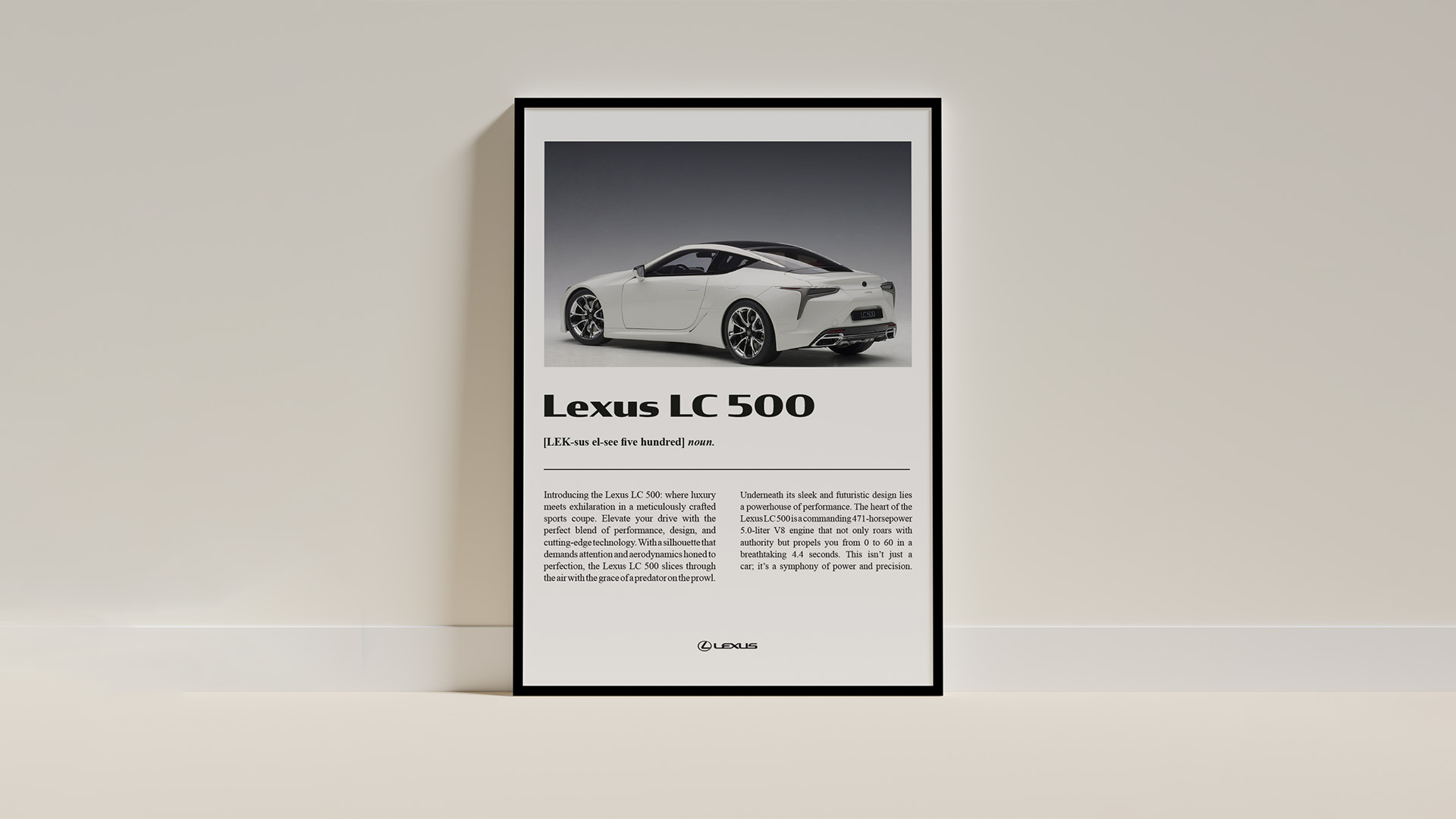 Lexus / “Lexus,” Print poster ad, 18 inches x 24 inches, 2023. This poster educates the viewer about the new Lexus LC 500 in a way that mimics a recognizable dictionary definition layout. 