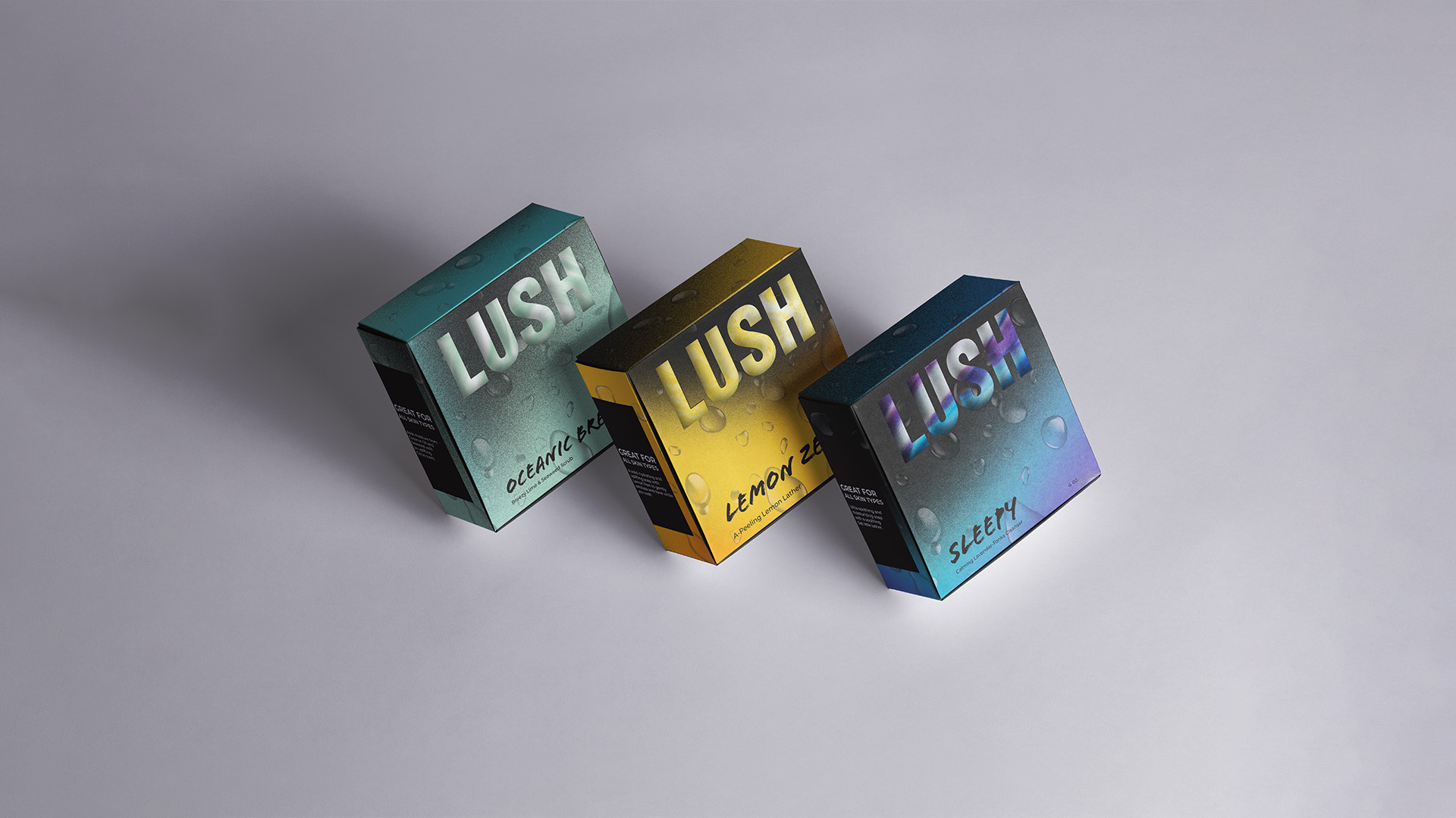 Lush / “Lush,” soap packaging, 3 inches x 3 inches x 1.25 inches, 2023. The Lush soap bar repackaging aims to add more flare in a functional form that brings excitement to your typical soap car while staying consistent with branding guidelines. 