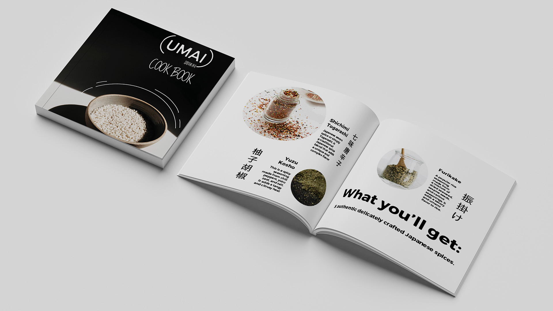 UMAI / “UMAI,” Zine (mini magazine) Print, 1080 pixels x 1080 pixels, 2023. “UMAI” is a zine cookbook meant to come with a value pack of Japanese spices to inform and educate the consumer with recipes involving the spices they purchased. 