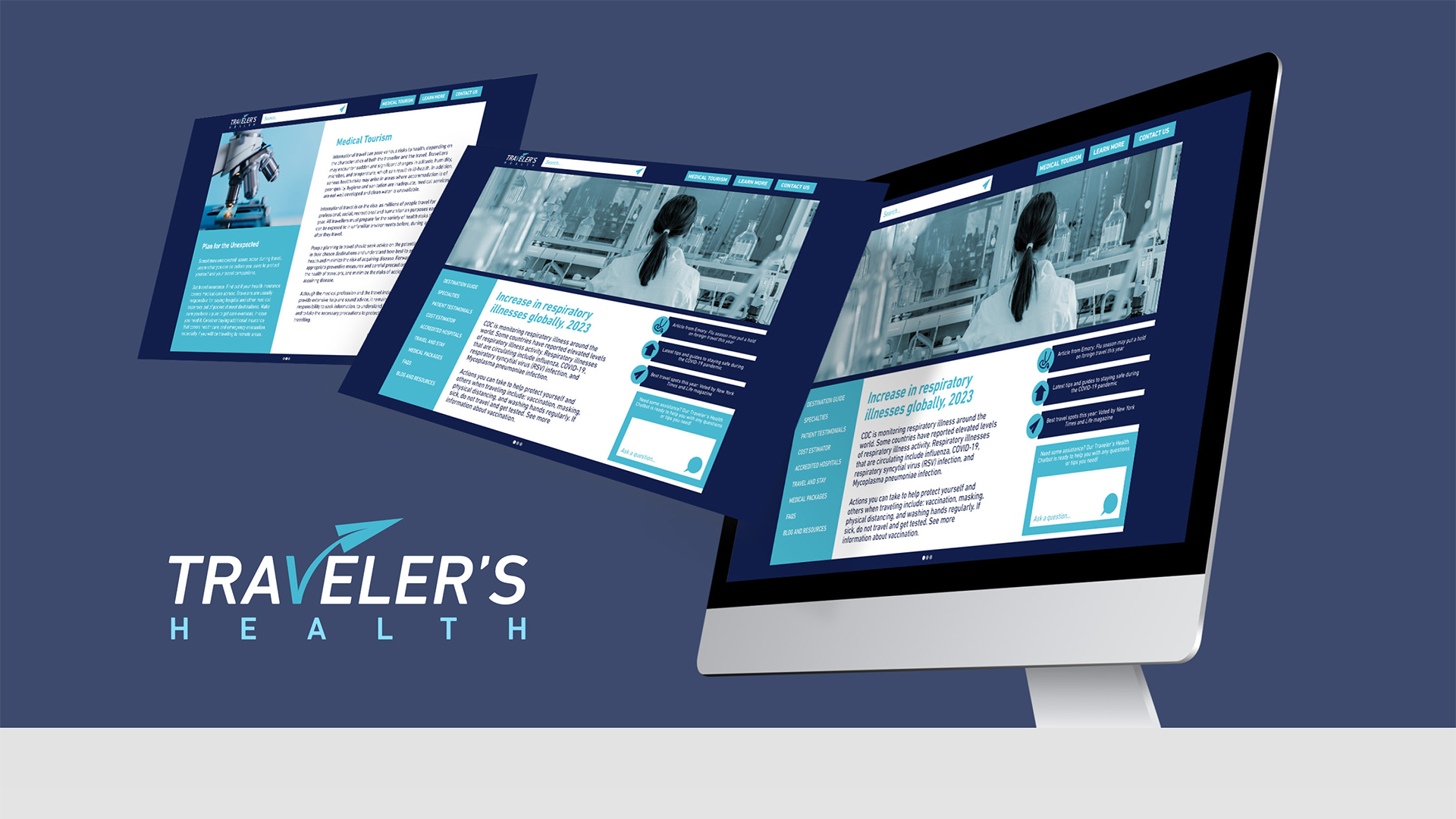 Traveler's Health / "Traveler's Health," web design, homepage and sub-page, 2024. This web design features original branding for a mock company's website on medical tourism.