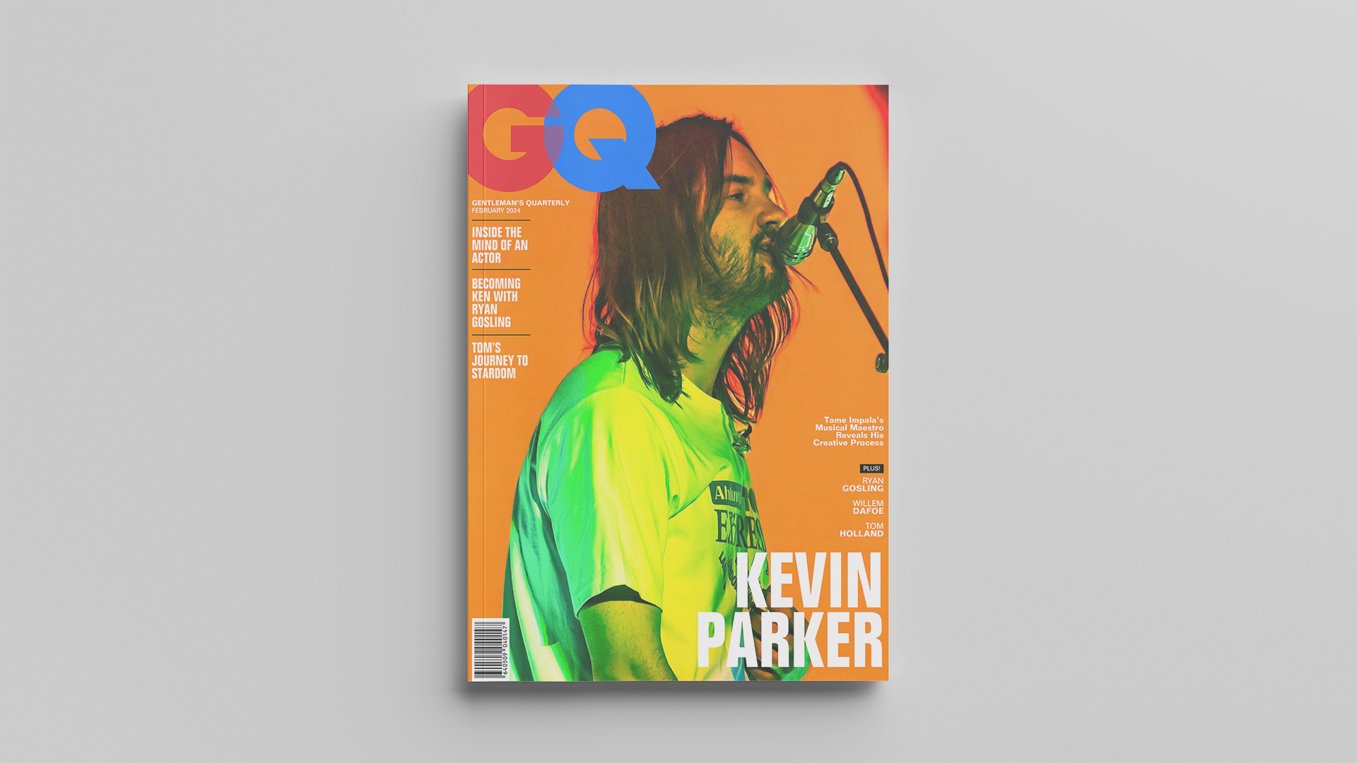 Magazine Cover / "Magazine Cover," magazine, 8.5 x 11, print cover, 2023. This is a mock design of a GQ magazine cover, featuring Kevin Parker on the front.