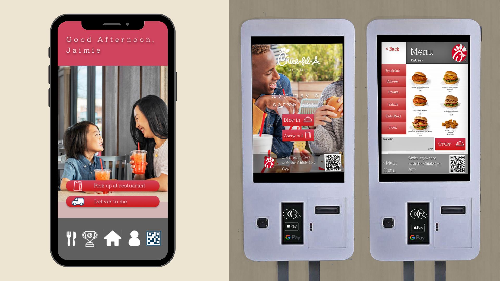 Chick-fil-A Redesign / "Chick-fil-A Redesign," Kiosk/Phone App Design,  2022, This design depicts a redesign of the fast food chain Chick-fil-A.