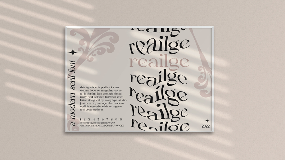 Reailge  / “Reailge,” font homage poster, 8.5 x 11, print 2023. This font homage poster displays the technical details of the provided typeface. 