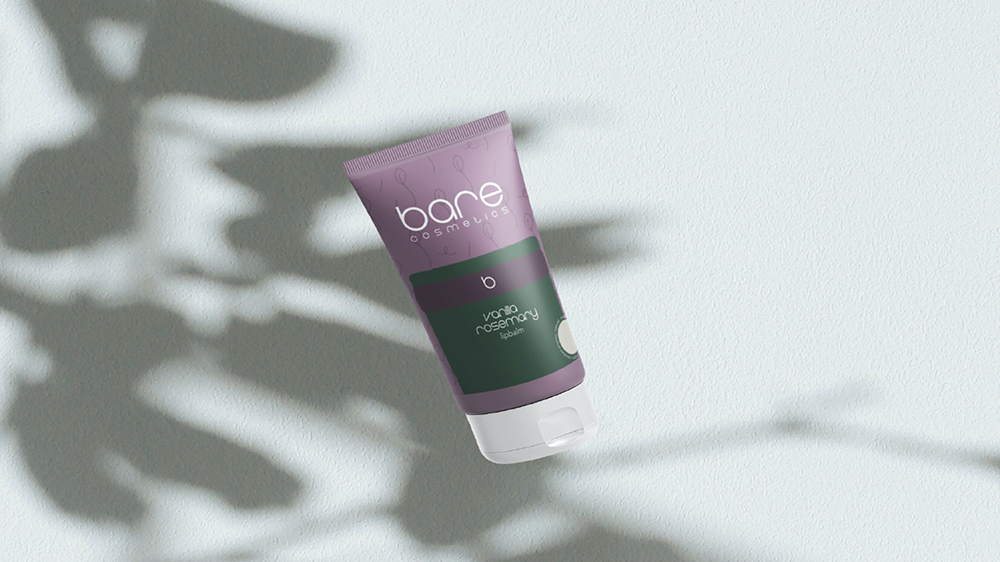 Bare Cosmetics  / “Bare Cosmetics,” packaging design, 5.21 x 8.33 inches, product, 2023. This product mockup displays the design for the company’s lipbalm. 