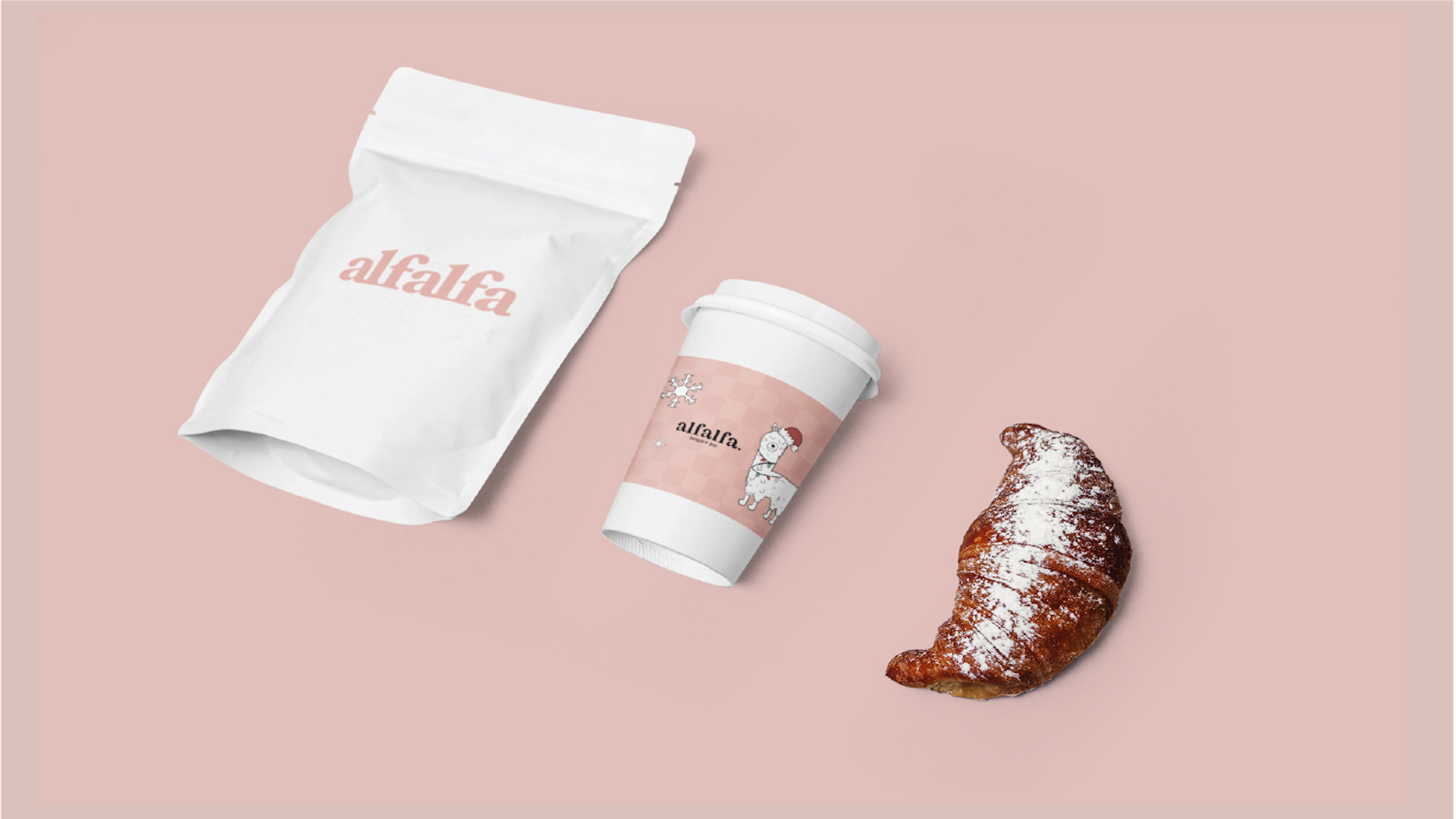 Alfalfa  / “Alfalfa,” packaging design, 10.26 x 10.26 inches, product, 2023. This product mockup displays the coffee cup sleeve design. 