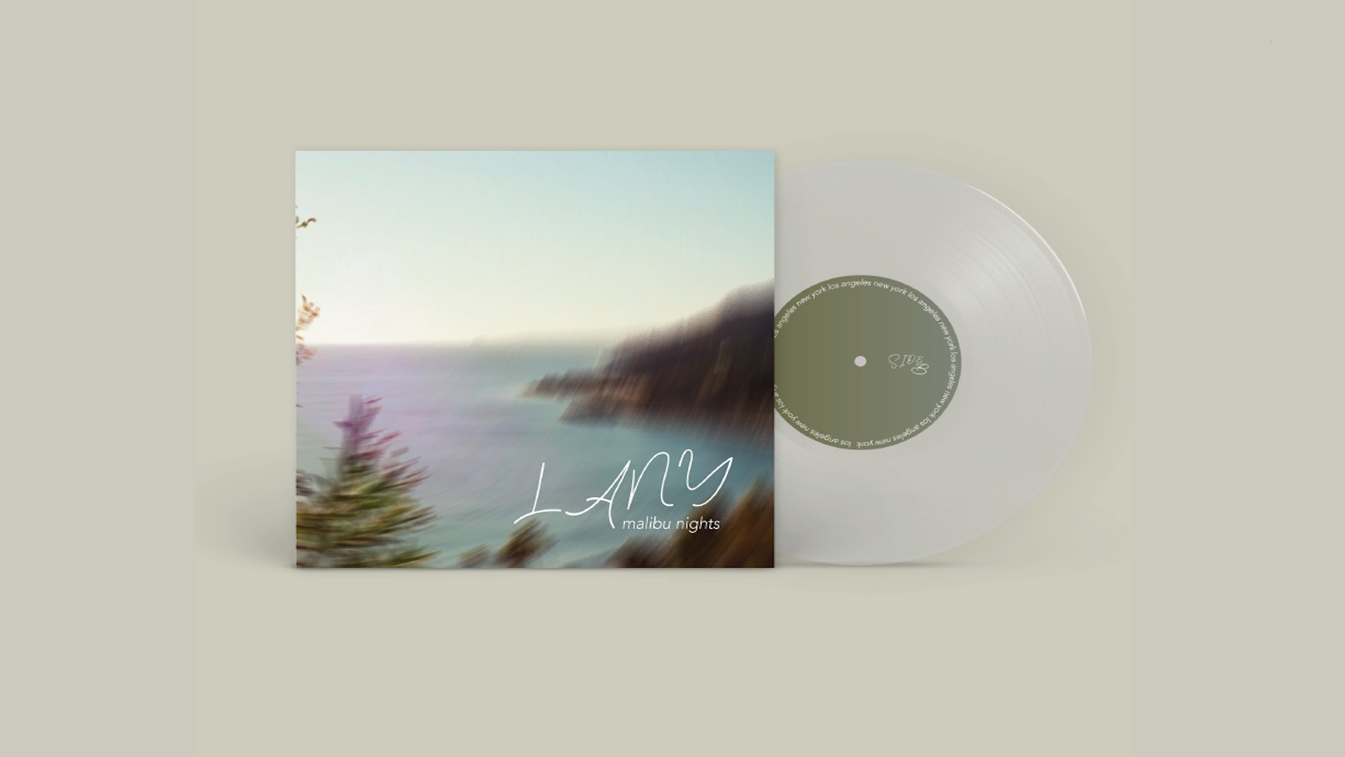 LANY Malibu Nights  / “LANY Malibu Nights,” record cover design, 12.5 x 12.5 inches, print 2023. This product mockup displays the redesign for band “LANY” album. 