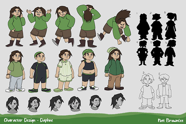 Nightbirds / Character design and process work for Daphne, the main character of "Nightbirds", from my original story pitch idea for an animated series. Created in Photoshop and Clip Studio Paint. 