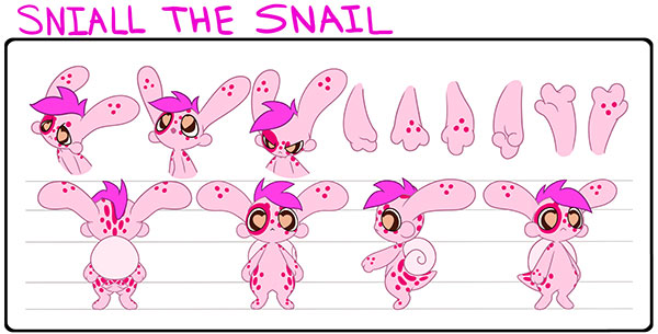  / Turnaround of the main character, Sniall, from "Critterland: Stickers," An animated short film created using Toon Boom Harmony, Adobe Illustrator, and After Effects.
