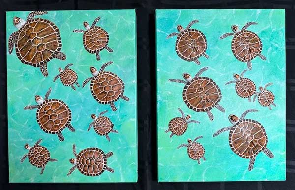 Loggerhead Sea Turtles / Sand Dollars, Shells, and Acrylic on Canvas