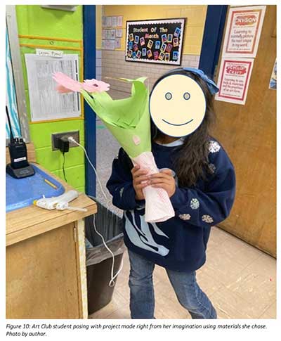  / Art Club student posing with her self-designed creation. Student choice means the student decides what to make and how. With small groups, such as art clubs, providing greater opportunities for students to make independent choices is a viable option.