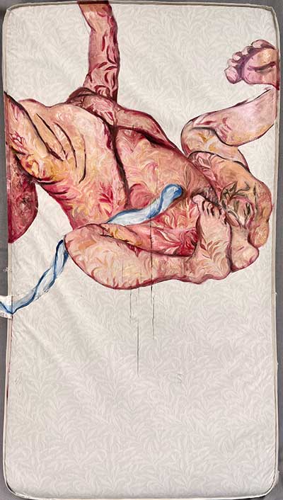  / Newborn figure painted in water mixable oil on discarded crib mattress