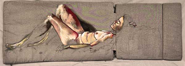  / Figure painted in water mixable oil on discarded furniture cushion