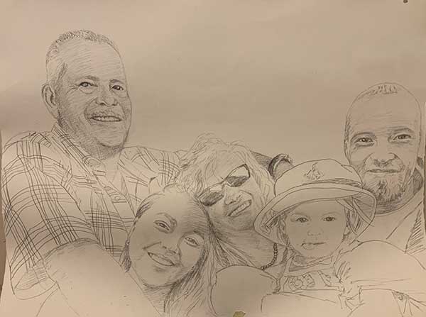  / "Family" is a drawn family portrait using graphite and paper. The reference is multiple images cropped together using Canva.com.