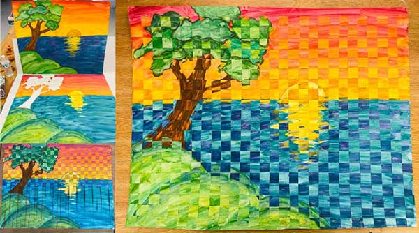  / I experimented with two familiar techniques, painting and weaving. I painted two separate landscapes with similar colors, cut the paintings into 1" stripes and wove the painting together. Landscape woven painting.