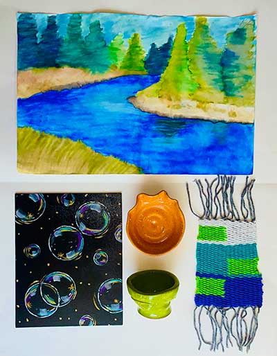  / These are a variety of art pieces I created with mediums I have little or no previous experience with. Landscape painting with water based markers, Acrylic painting on black canvas, Wheel thrown ceramic bowls, Small woven tapestry.
