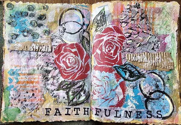  / "Faithfulness". Mixed media collage of stencils, corrugated cardboard, and tissue paper on textured paper. This piece is one of 9 mixed media collages in my 'Fruits of the Spirit' series. The series explored the intersection between my faith and my creativity.