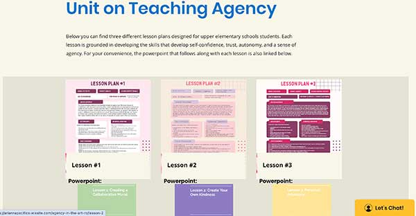  / Screengrab from my project website, shows the page with 3 lessons and 3 linked powerpoints all focused on agency
