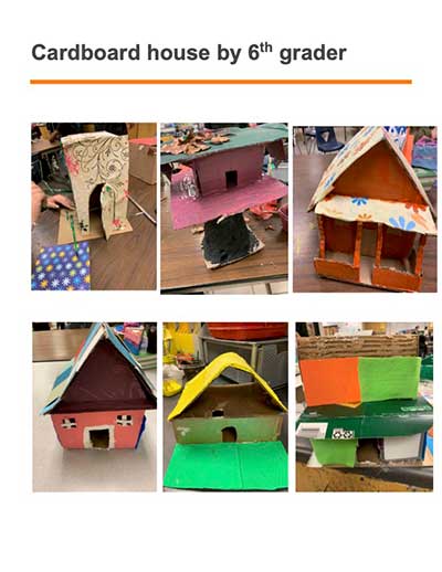  / "Recycle Project-House design by 6th graders.
Materials: recycled cardboard, recycled items, scrap paper, paper mache, acrylic paint, and spray paint."
