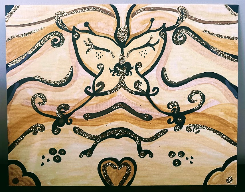  / "After teaching the Unit, I reflected on my experience with this art piece that exemplifies engagement and student learning in the form of the butterfly, as well as the topic of
symmetry. Acrylic and glitter on canvas. 
"
