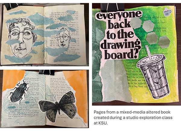  / "Pages from a mixed-media altered book created during a studio exploration class at KSU.
"
