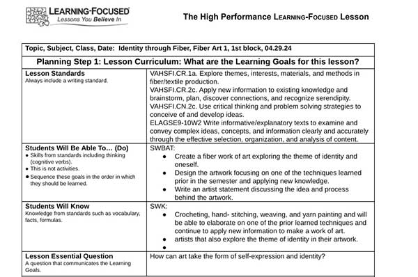  / Example of a high school fibers Course lesson plan utilizing the Learning focused lesson plan template. 
