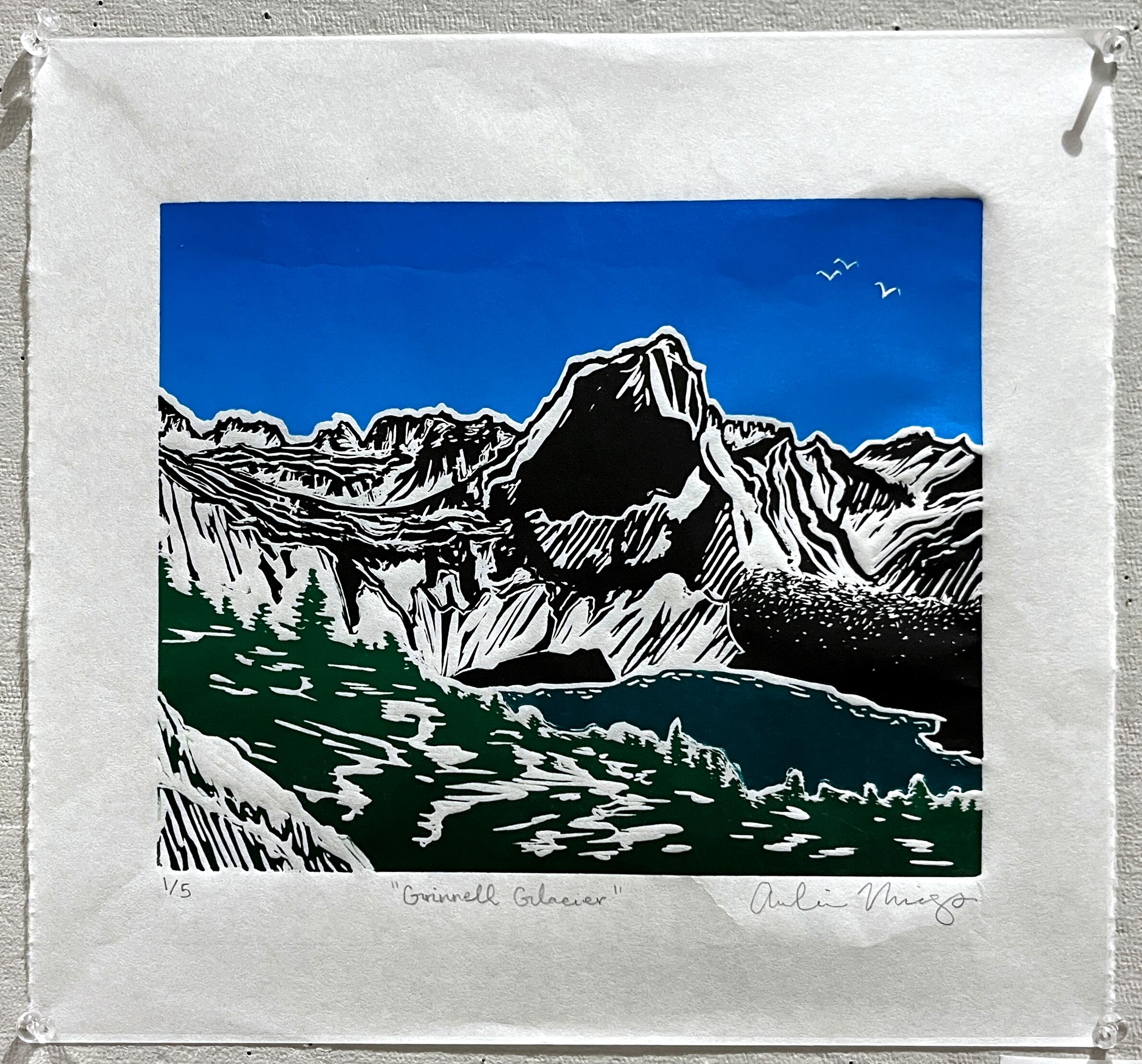 Amelia Neerings, "Grinnell Glacier", Jigsaw linocut ink on paper, 2024 / Amelia Neerings, "Grinnell Glacier", Jigsaw linocut ink on paper, 2024