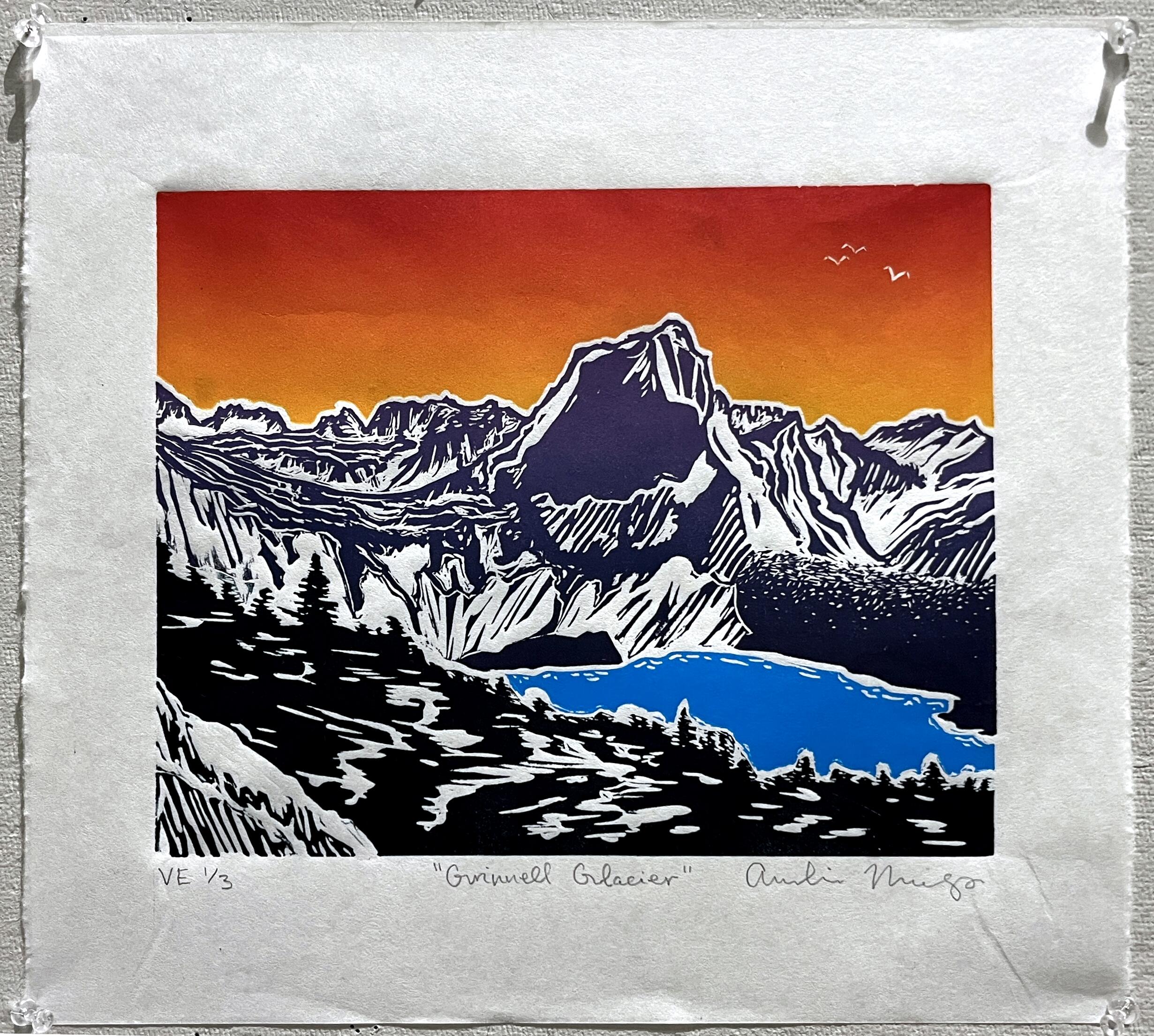 Amelia Neerings, "Grinnell Glacier VE", Jigsaw linocut ink on paper, 2024 / Amelia Neerings, "Grinnell Glacier VE", Jigsaw linocut ink on paper, 2024