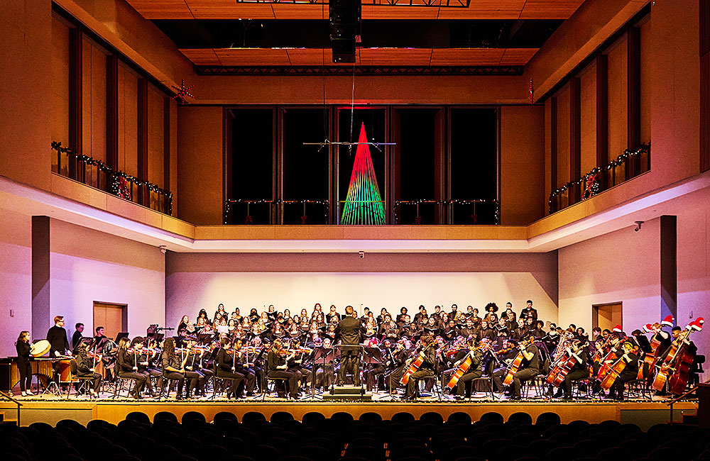 bailey school of music, morgan concert hall, decorated for the holidays