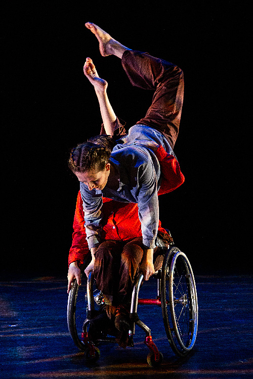 image of woman dancer being held up by male dancer in a wheelchair