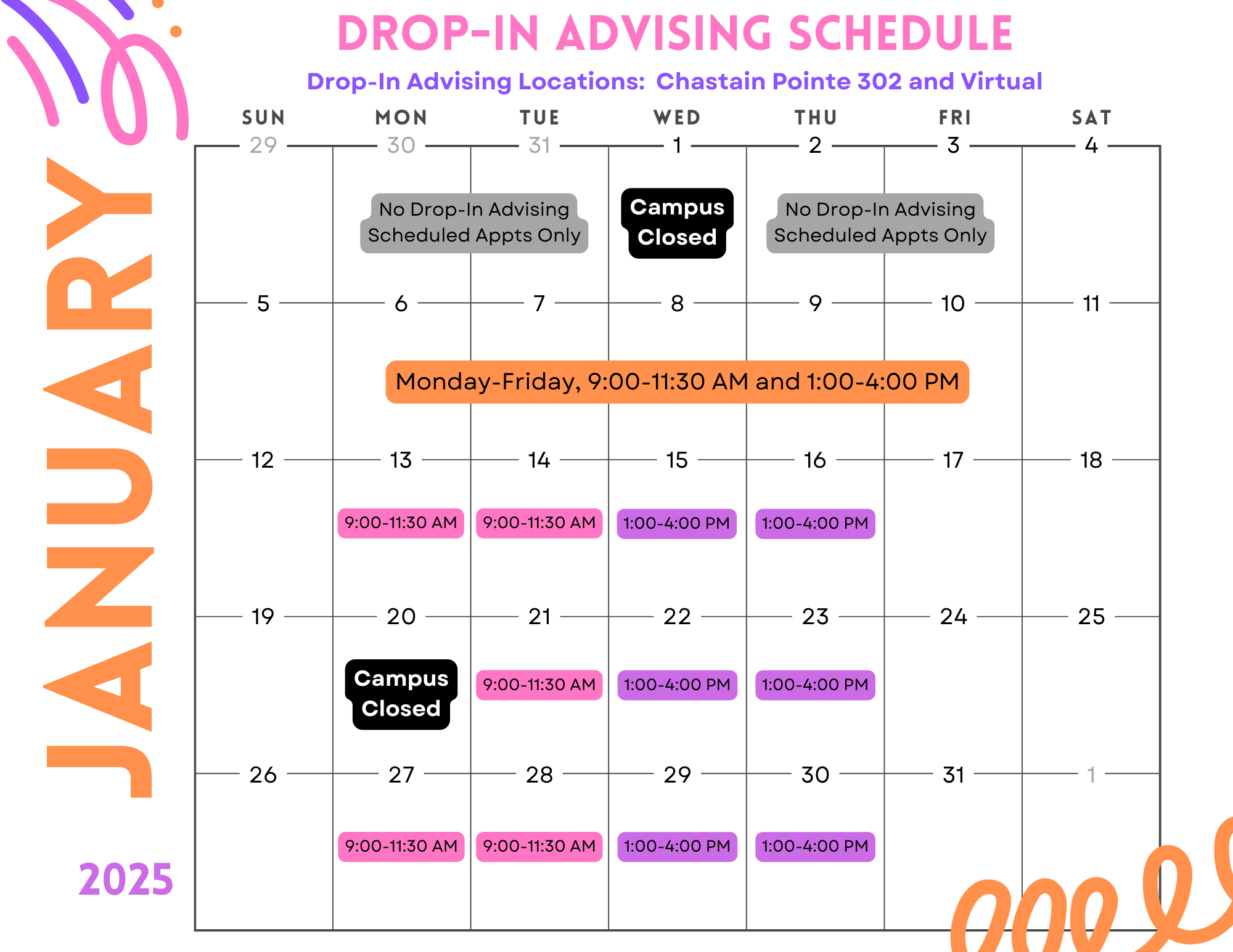 january 2025 drop in schedule