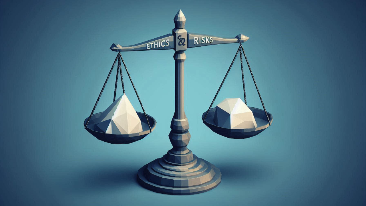 scales with stones and the words ethics and risks