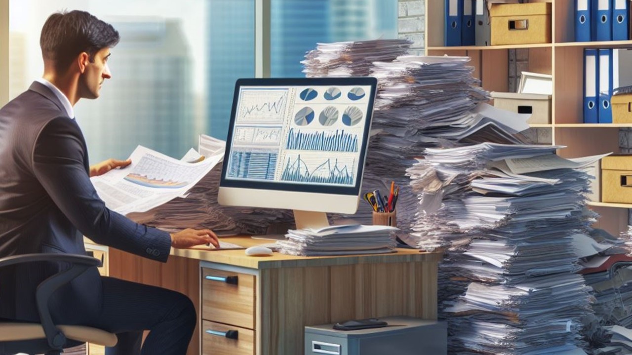 AI man at desk looking at computer